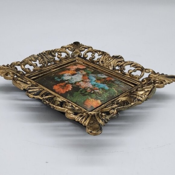 Vintage Ornate Plastic Gold Mini Picture Frame With Floral Satin Fabric 2x2.5 - Picture 8 of 11